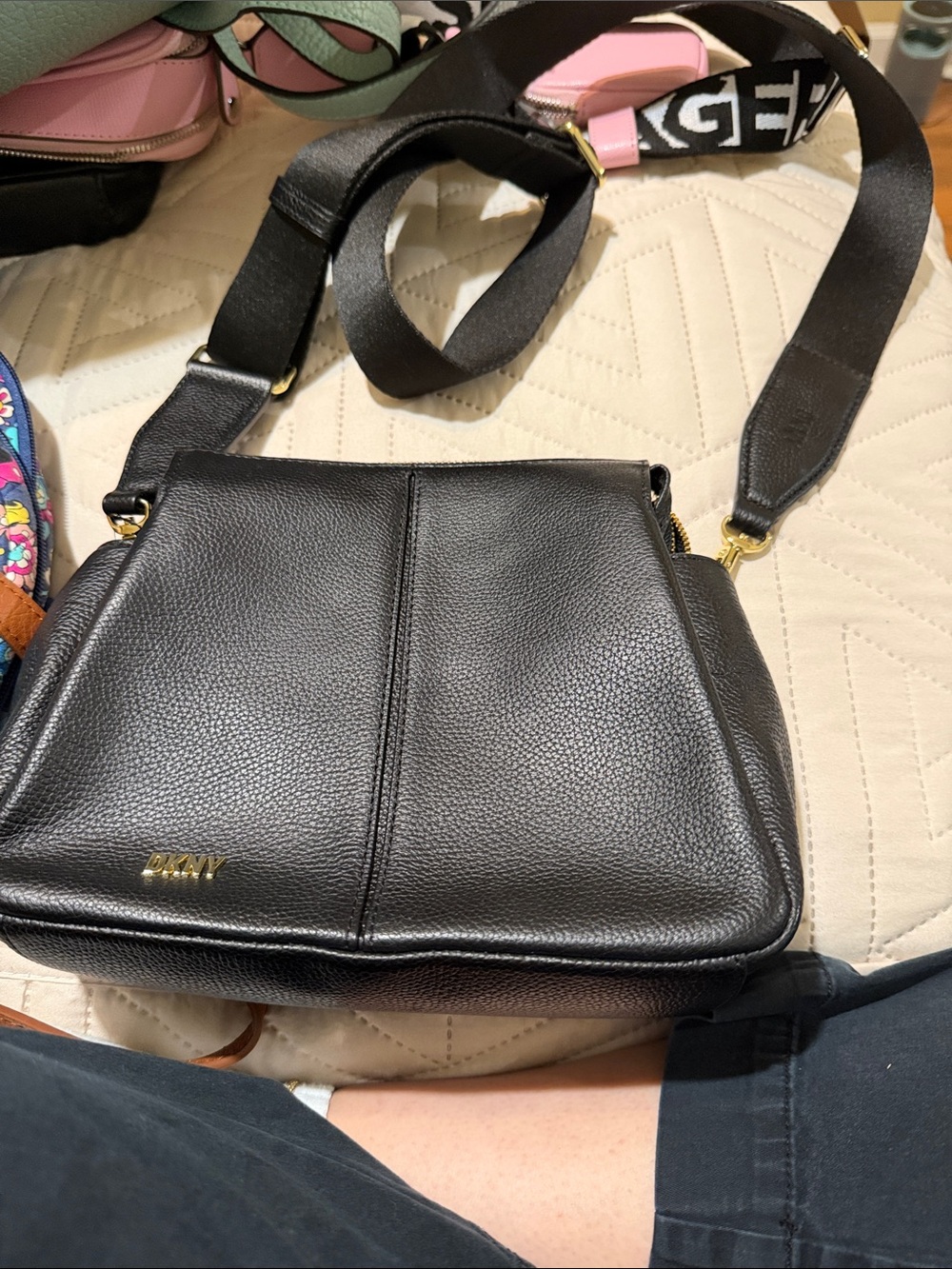 DKNY Black Pebbled Leather Messenger Crossbody with Logo Strap